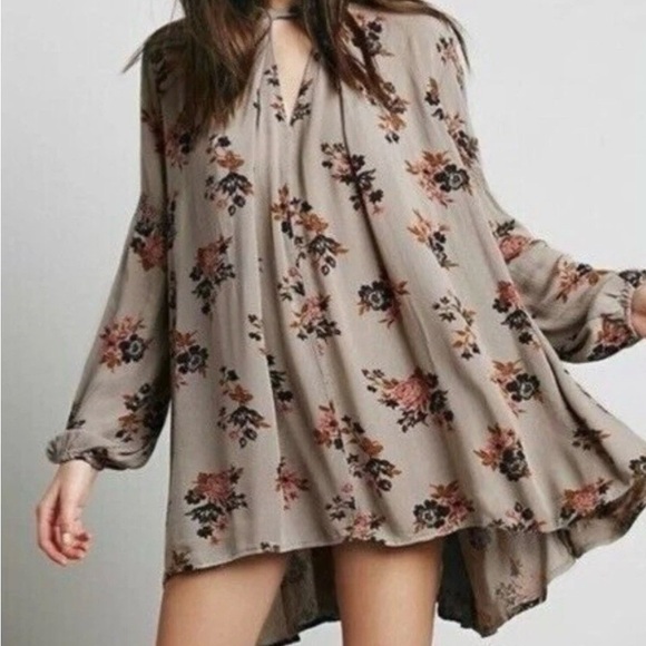 Free People Dresses & Skirts - Free People Retro Floral Print Swing Tunic Boho Keyhole Mini Dress Medium